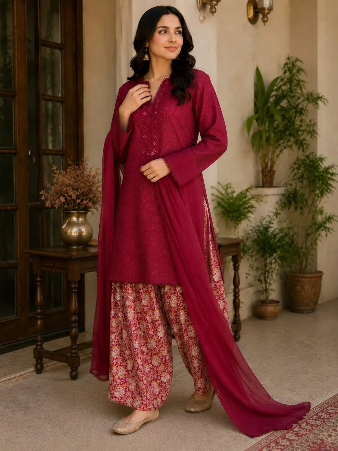 Maroon Chikan Kari 3pc dress