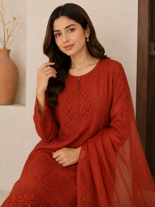 Rust embroidered 3-piece suit