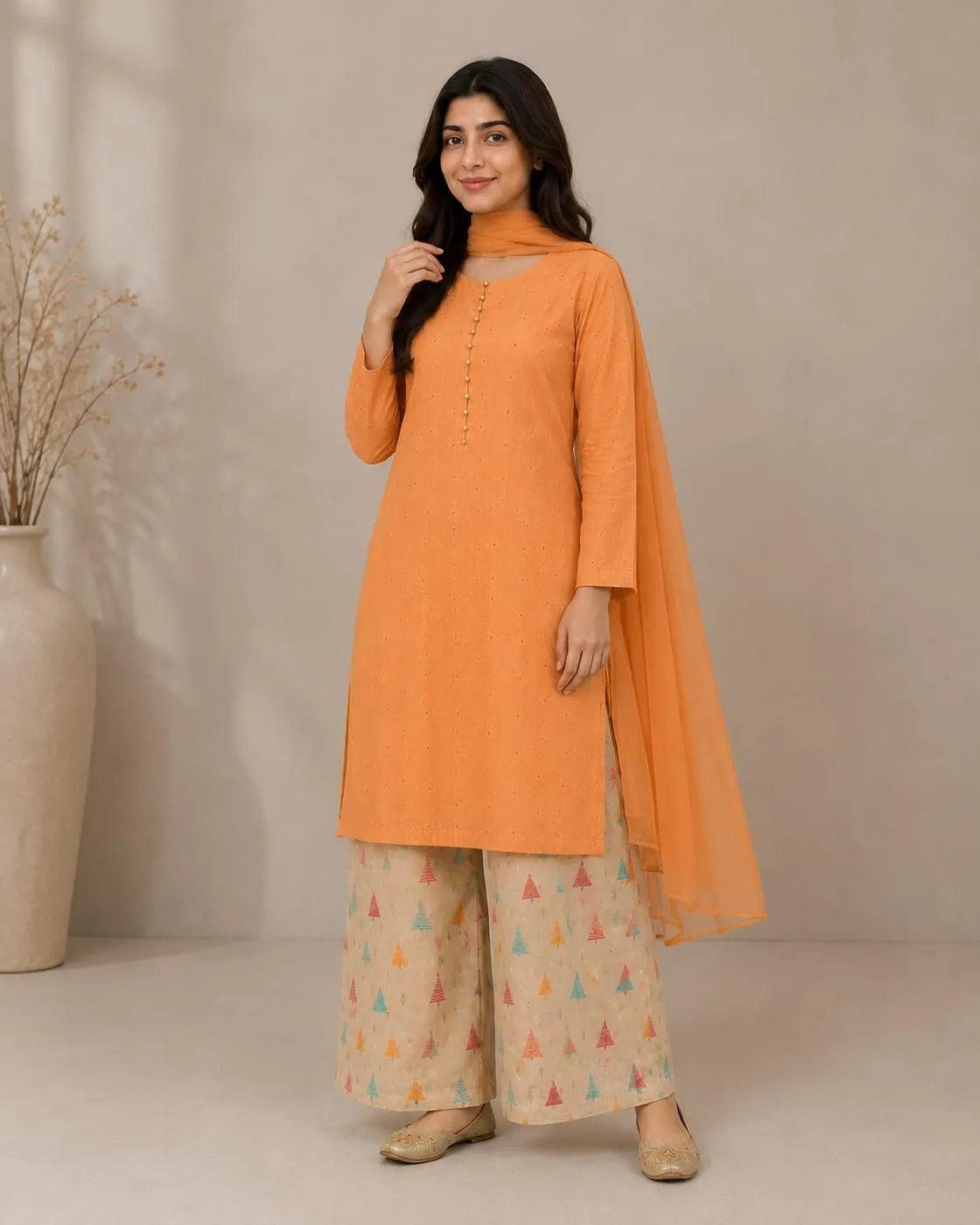 Orange Skin Chikan Kari 3pc dress