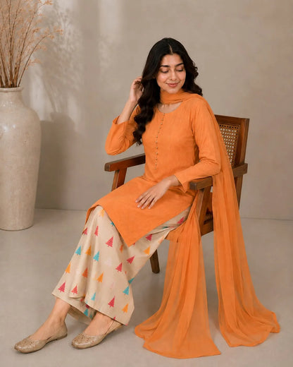 Orange Skin Chikan Kari 3pc dress