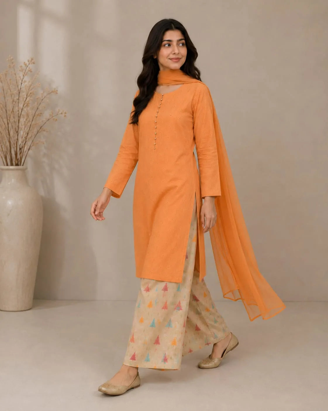 Orange Skin Chikan Kari 3pc dress