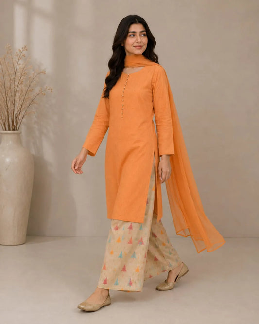 Orange Skin Chikan Kari 3pc dress