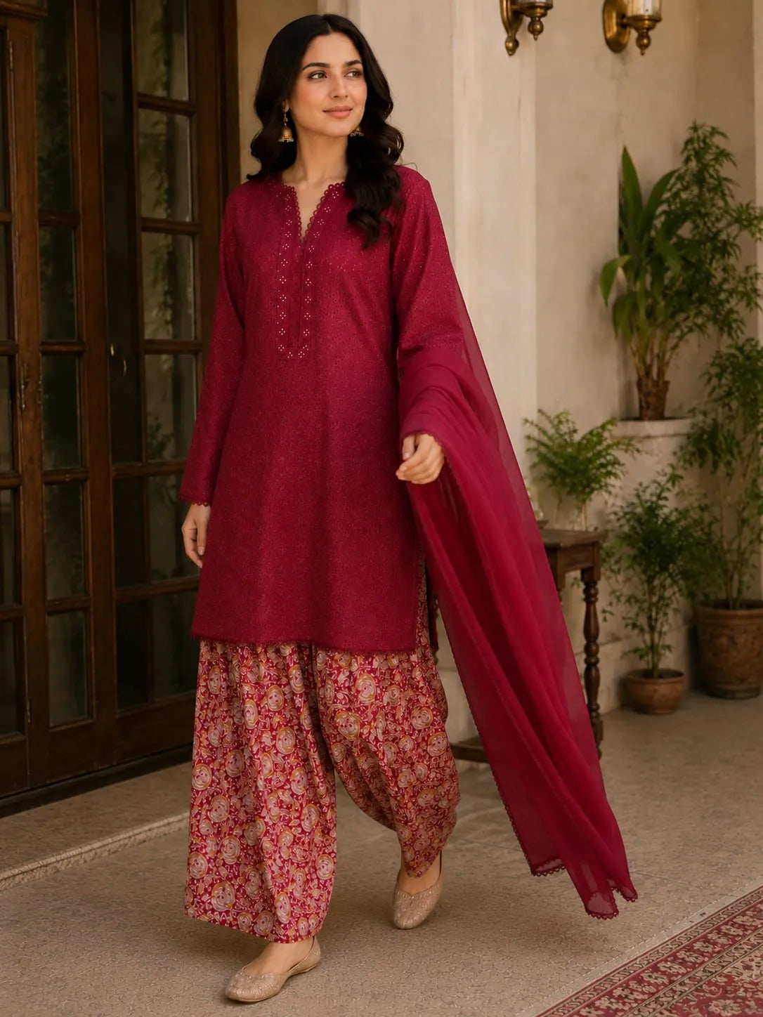 Maroon Chikan Kari 3pc dress