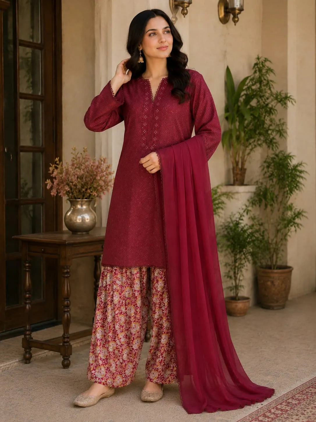 Maroon Chikan Kari 3pc dress