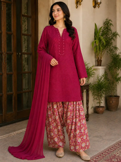 Maroon Chikan Kari 3pc dress