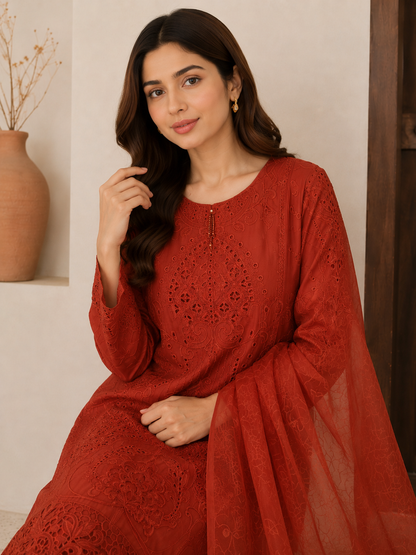 Rust embroidered 3-piece suit