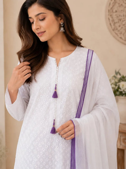 Purple White Chikan Kari 3pc dress
