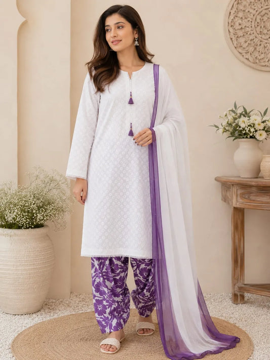 Purple White Chikan Kari 3pc dress